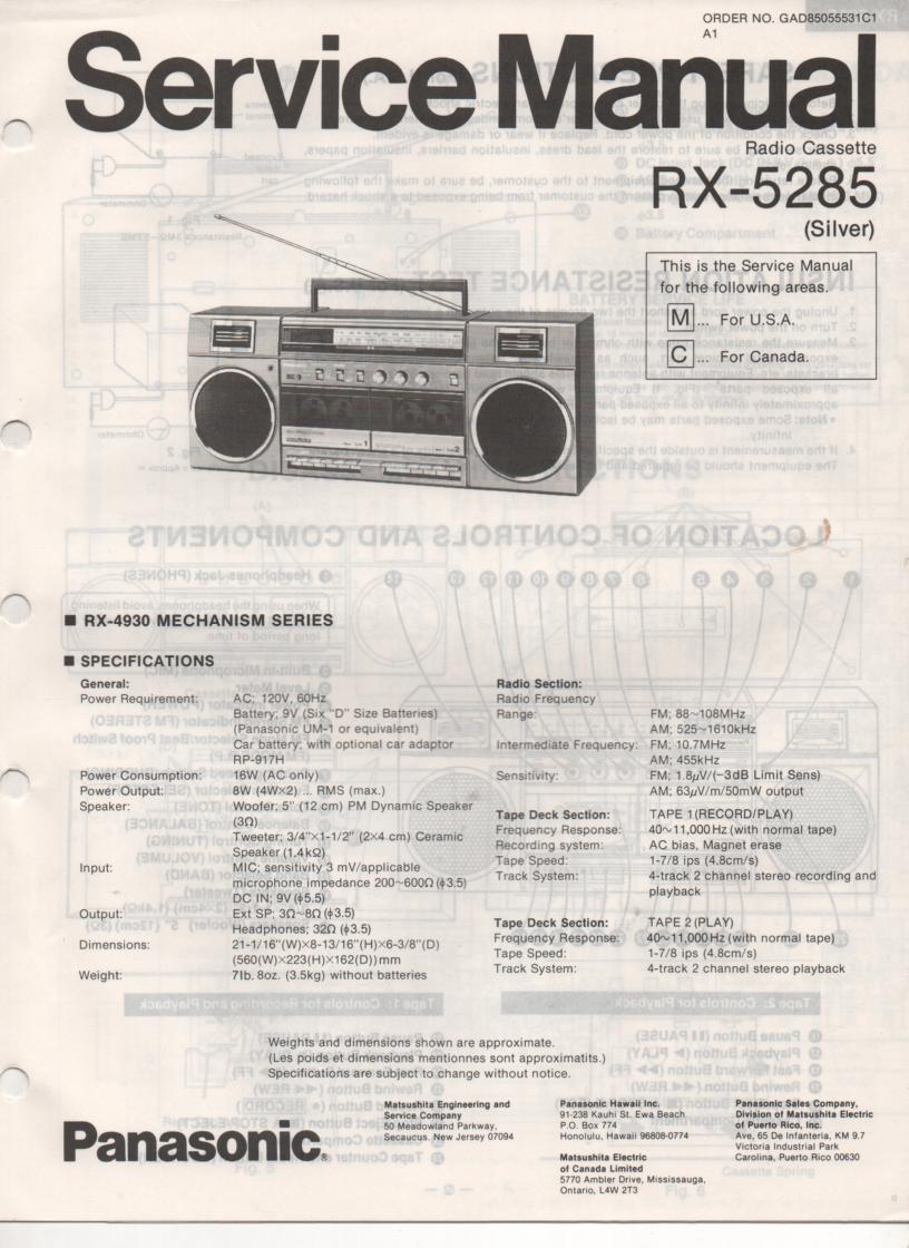 RX-5285 Radio Cassette Radio Service Manual