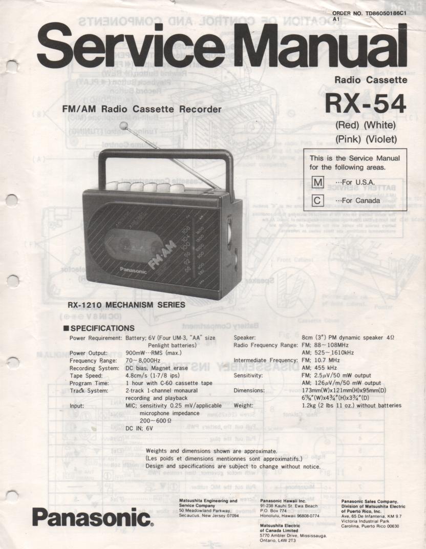RX-54 RX-54A Radio Cassette Radio Service Manual