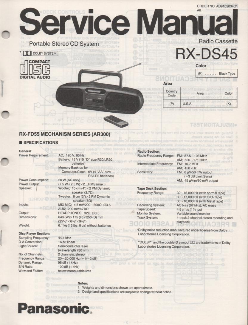 RX-DS45 AM FM CD Player Cassette Recorder Service Manual