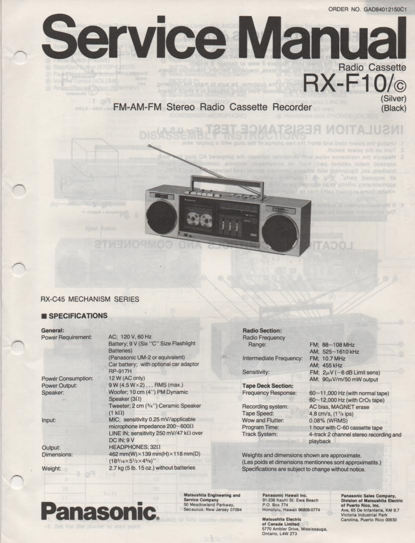 RX-F10 RX-F10C AM FM Cassette Recorder Service Manual