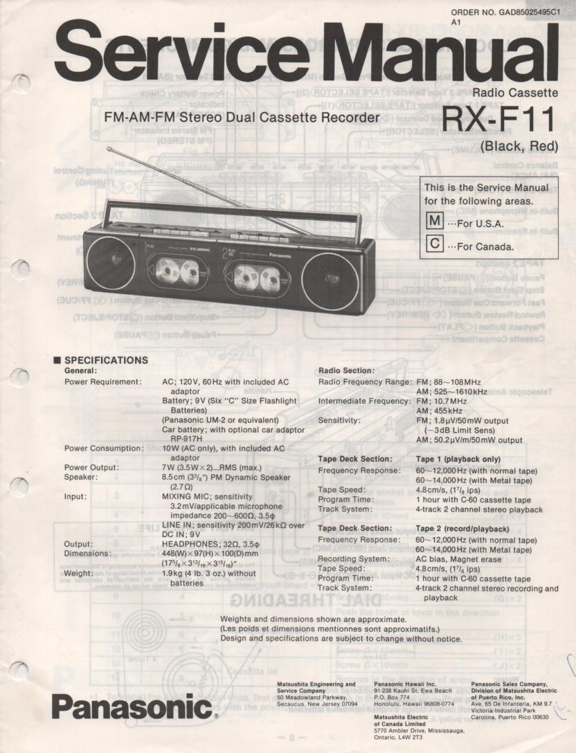 RX-F11 AM FM Cassette Recorder Service Manual