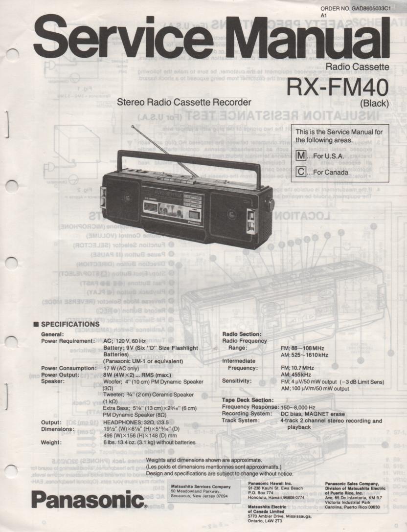 RX-FM40 AM FM Cassette Recorder Service Manual