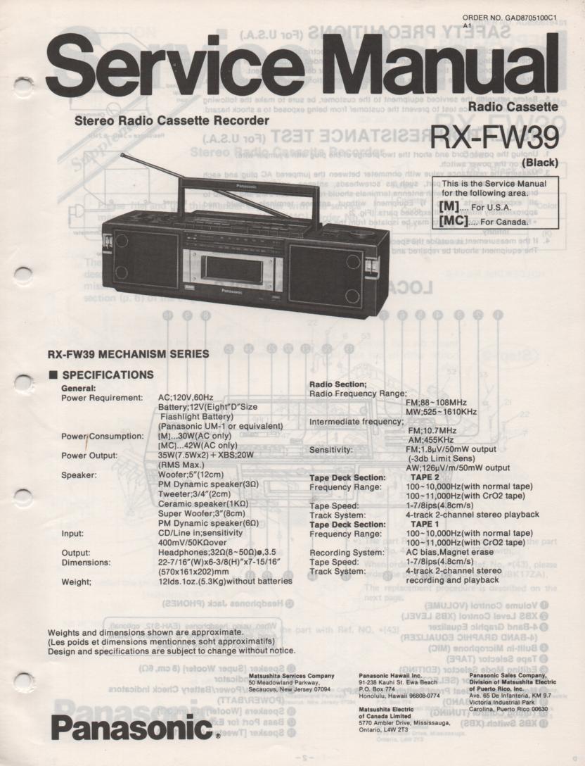 RX-FW39 AM FM Radio Cassette Recorder Service Manual