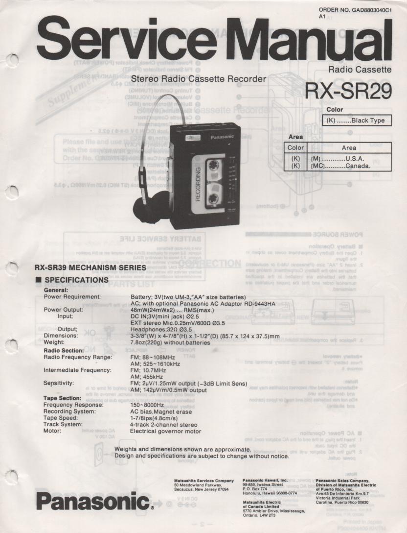 RX-SR29 Mini Cassette Radio Recorder Service Manual