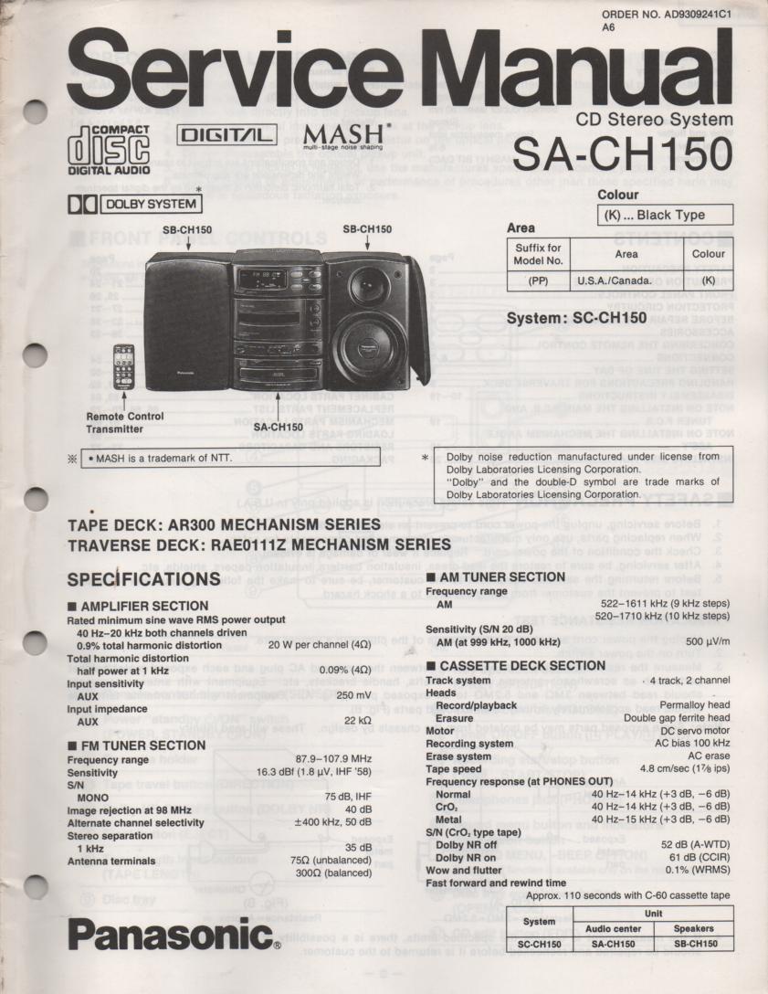 SA-CH150 CD Player Cassette Stereo System Service Manual