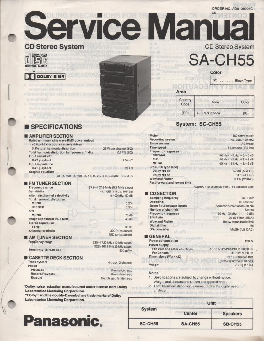 SA-CH55 CD Player Cassette Stereo System Service Manual