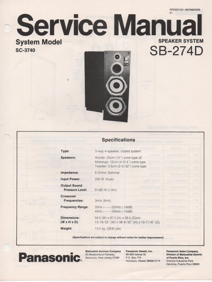 SB-274D Speaker System Service Manual