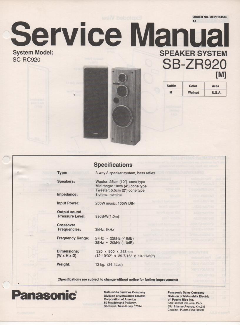 SB-ZR920 Speaker System Service Manual