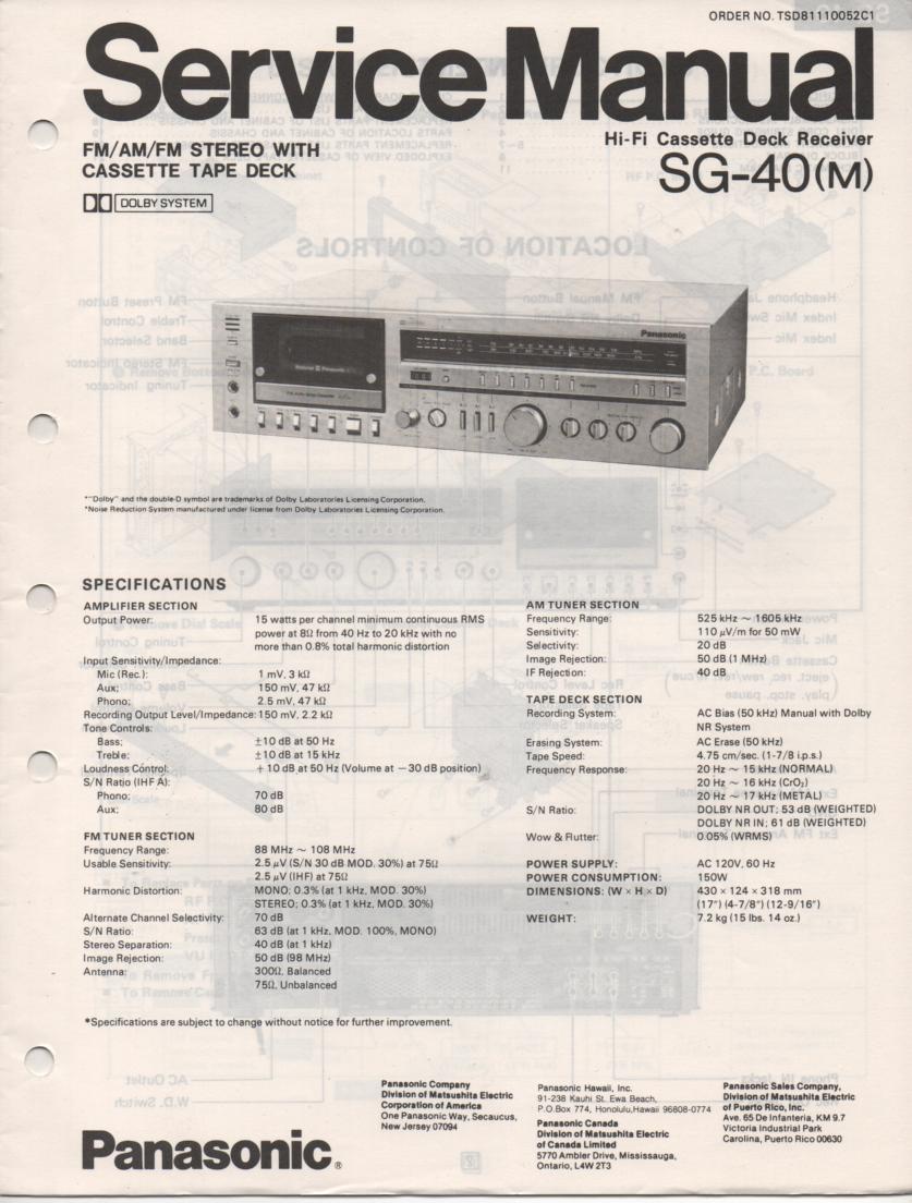 SG-40 Cassette Receiver Service Manual