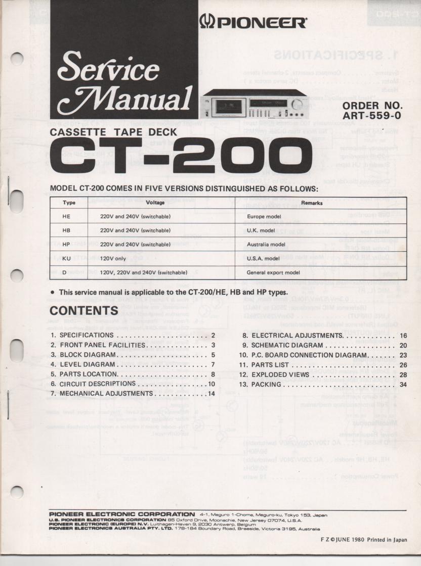 CT-200 Cassette Deck Service Manuals.  2 manual set. ART-559-0 AND ART-566-0..