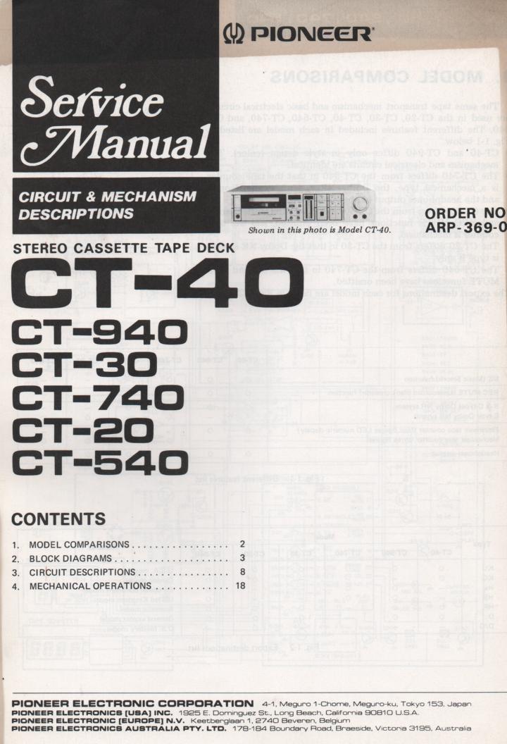 CT-40 Cassette Deck Circuits and Mechanism Service Manual. Contains mostly block diagrams..ARP-369-0