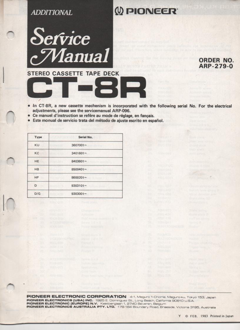 CT-8R Cassette Deck Service Manual . Updated Mechanism Service Manual. KU Serial No. 3607001 and up. KC Serial No. 3401601 and up. HE Serial No. 8403601 and up. HB Serial No. 8500401 and up. HP Serial No. 8600201 and up. D Serial No. 9303101 and up. D/G Serial No. 9301001 and up. Manual is in English French and Spanish.. Contains updated mechanism disassembly and parts list, adjustments, schematics. ARP-279-0