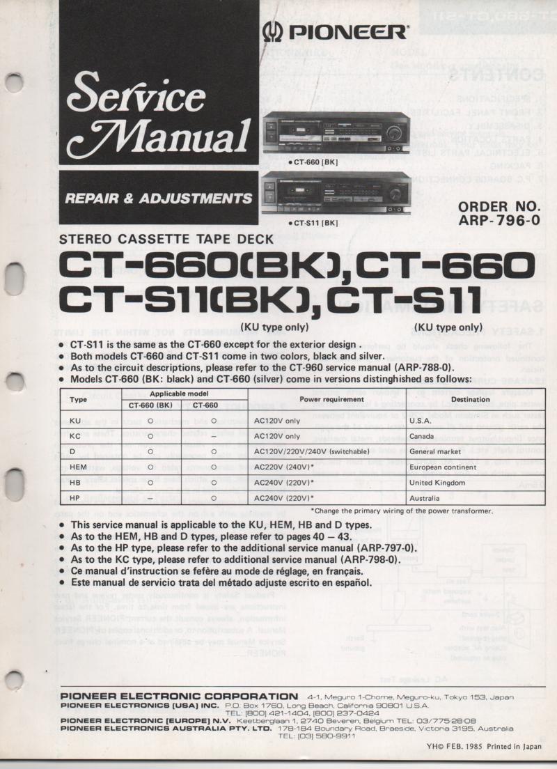 CT-S11 CT-S11BK CT-660 CT-660BK Cassette Deck Service Manual. ARP-796-0
