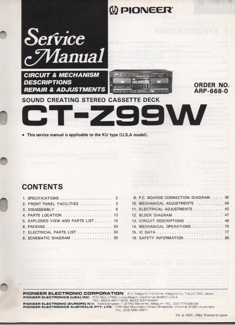 CT-Z99W Cassette Deck Service Manual. ARP-668-0