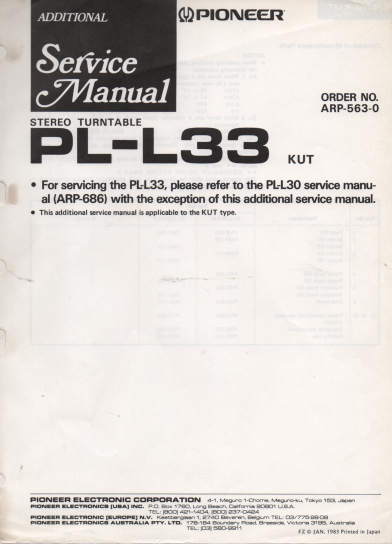 PL-L33 Turntable Service Manual. Use with PL-L30 manual is included