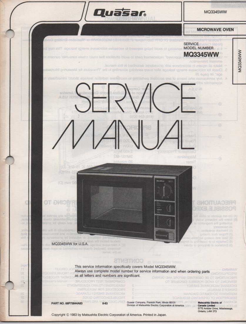 MQ3345WW Microwave Oven Service Operating Instruction Manual