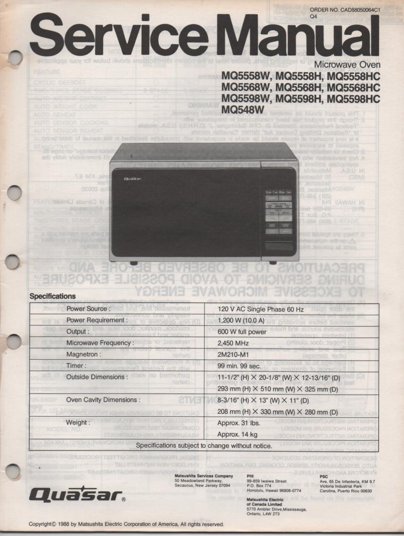 MQ548W MQ5558H MQ5558W MQ5558HC MQ5568H MQ5568W MQ5568HC MQ5598H MQ5598W MQ5598HC Microwave Oven Service Operating Instruction Manual