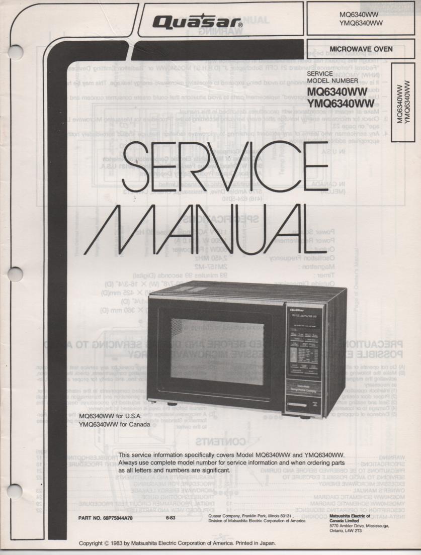 MQ6340WW YMQ6340WW Microwave Oven Operating Instruction and Service Manual