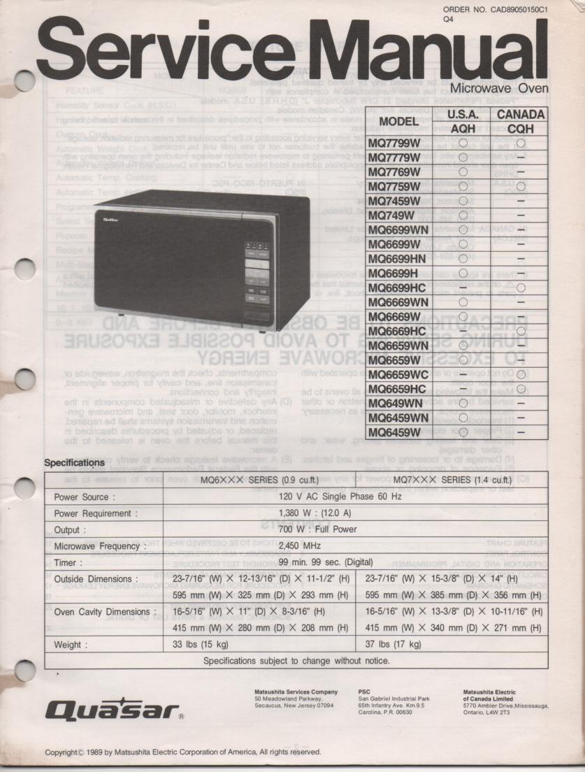 MQ749 MQ649 Microwave Oven Service Operating Instruction Manual