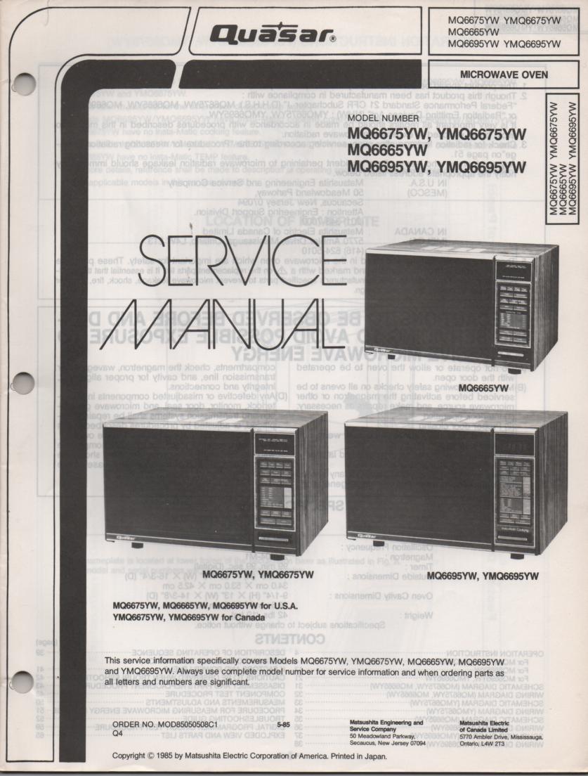 MQ6675YW YMQ6675YW MQ6665YW Microwave Oven Operating Service Instruction Manual