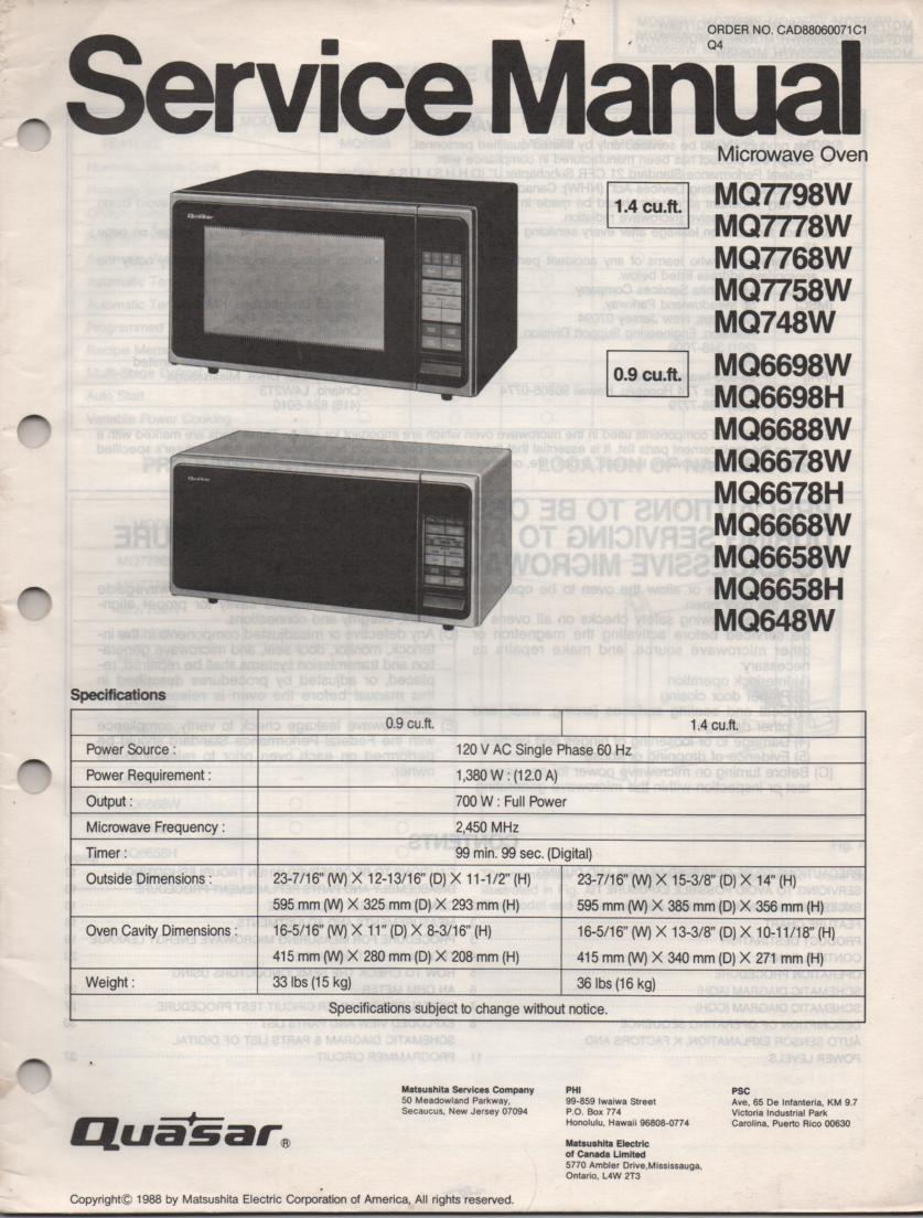 MQ6688W MQ648W Microwave Oven Operating Service Instruction Manual