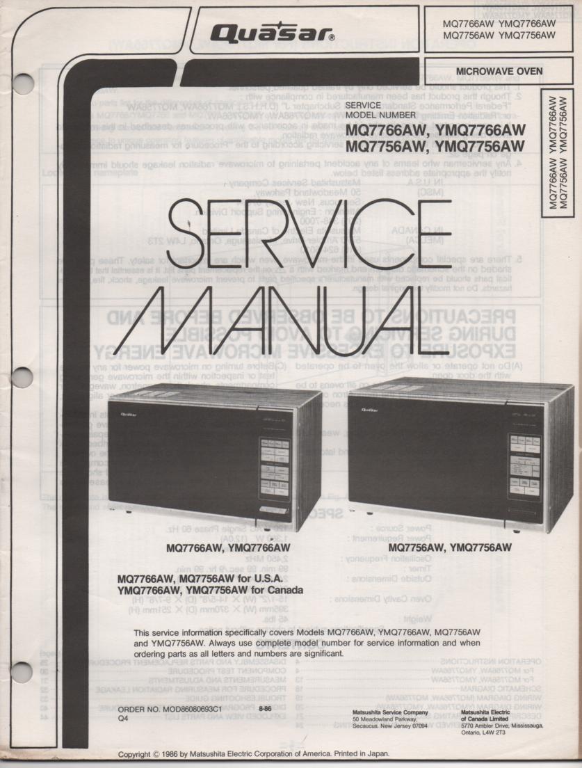 MQ7766AW YMQ7766AW MQ7756AW YMQ7756AW Microwave Oven Service Operating Instruction Manual