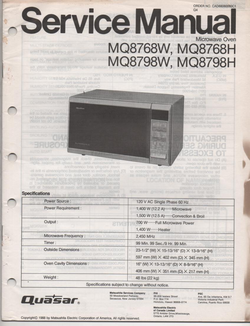 MQ8768H MQ8768W MQ8598H MQ8598W Microwave Oven Operating Service Instruction Manual