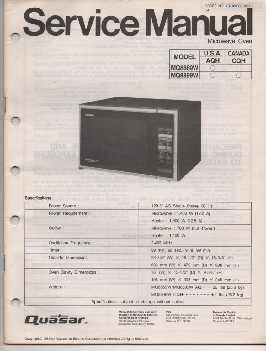 MQ8869W MQ8899W Microwave Oven Operating Service Manual with parts lists and schematics