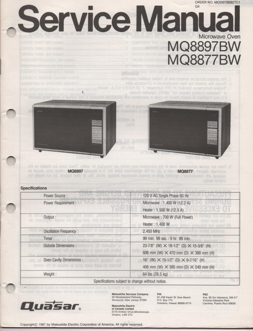 MQ8897BW MQ8877BW Microwave Oven Operating Service Instruction Manual