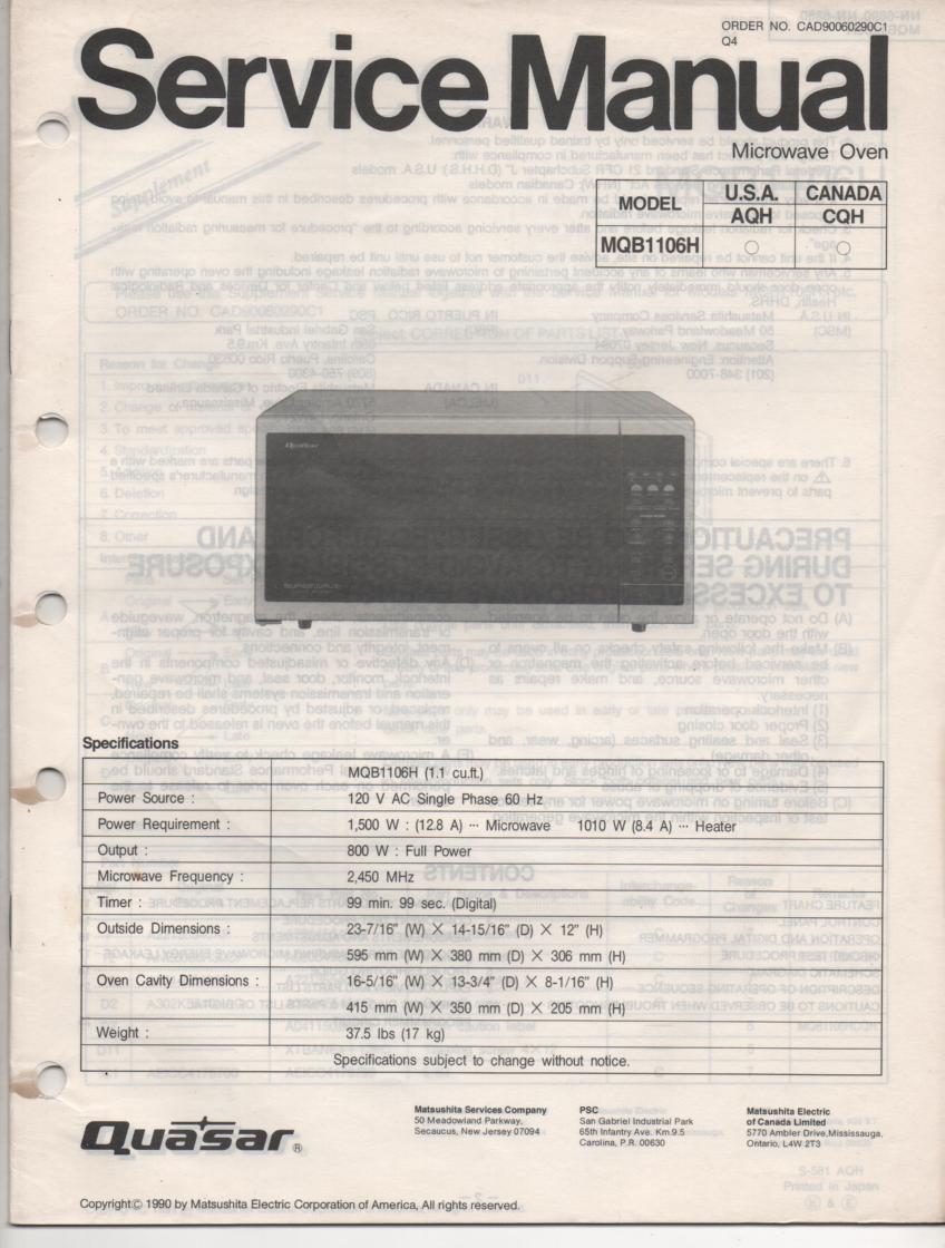 MQB1106H Microwave Oven Service Operating Instruction Manual with parts lists and schematics