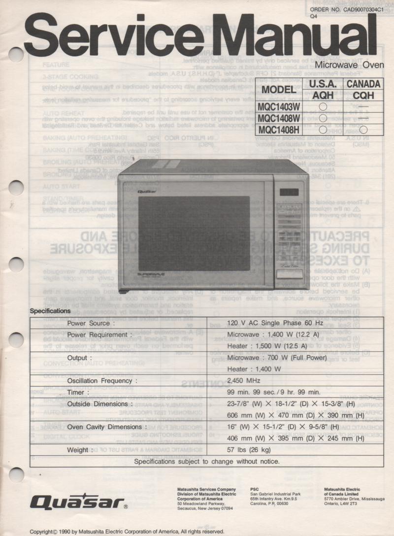 MQC1408H MQC1408W MQC1403W Microwave Oven Service Operating Instruction Manual with parts lists and schematics