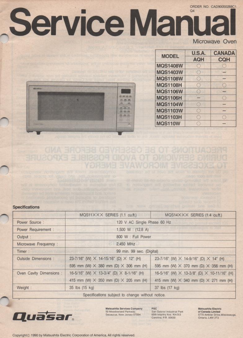 MQS1104W MQS110W Microwave Oven Service Operating Instruction Manual with parts lists and schematics
