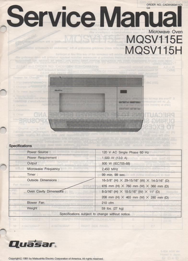 MQSV115E MQSV115H Microwave Oven Service Operating Instruction Manual
