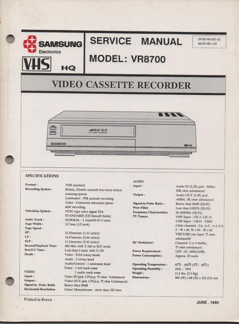 VR8700 VCR Service Manual