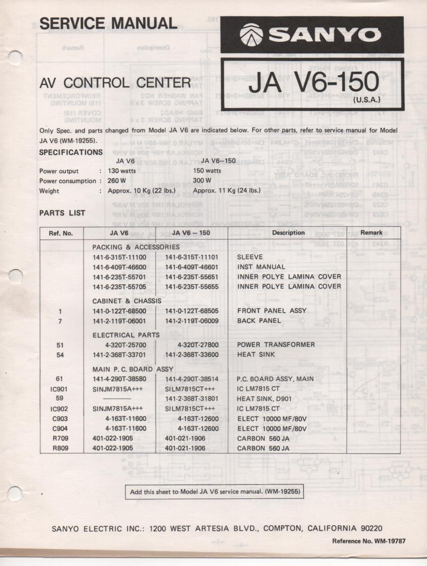 JA V6-150 Audio Video Control Center Service Manual.  Needs JA V6 Manual included..