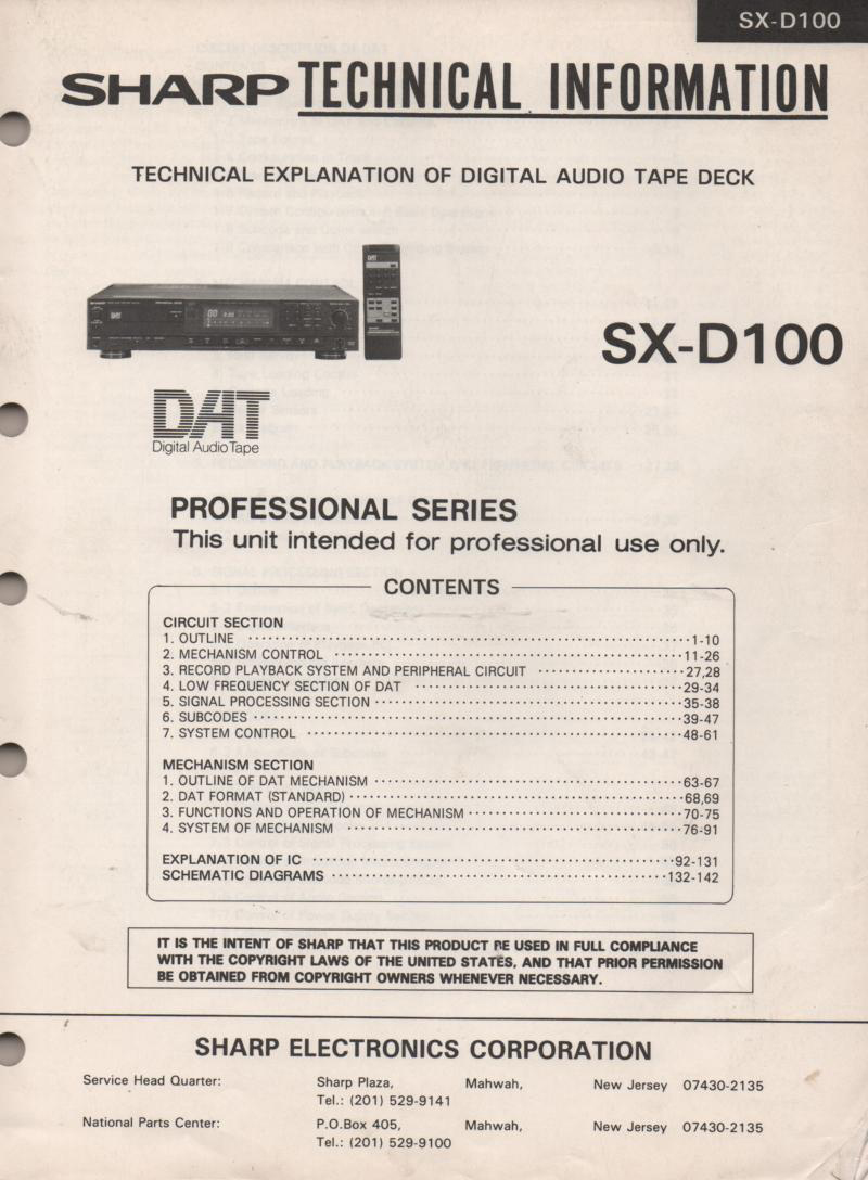 SX-D100 DAT Digital Tape Recorder Service Manual