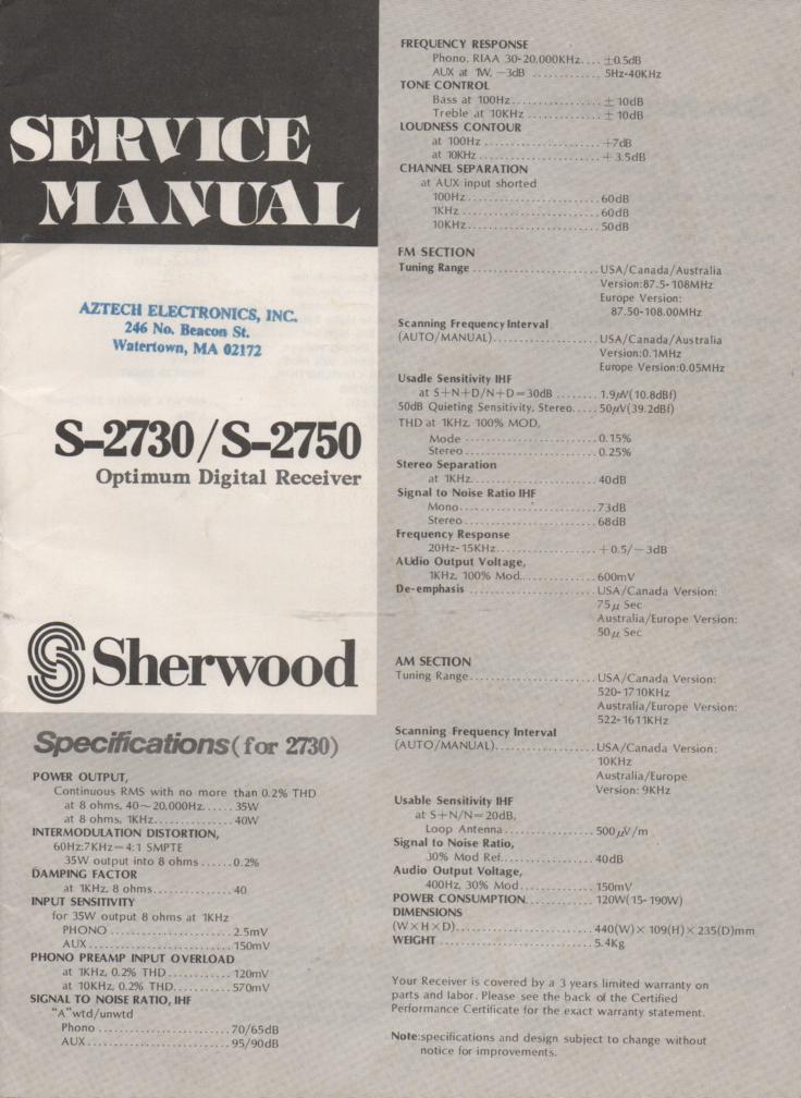 S-2730 Receiver Service Manual  Sherwood 