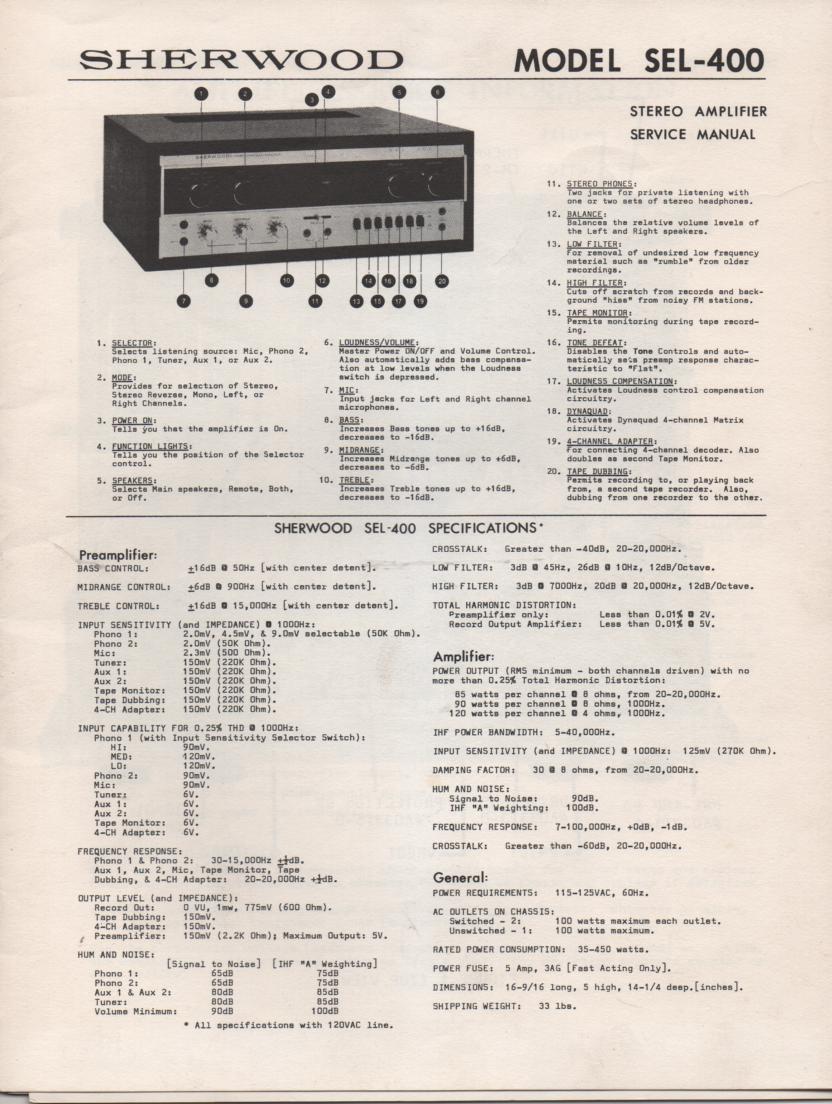 SEL-400 Amplifier Service Manual for Serial No.4A41001-4A41550
