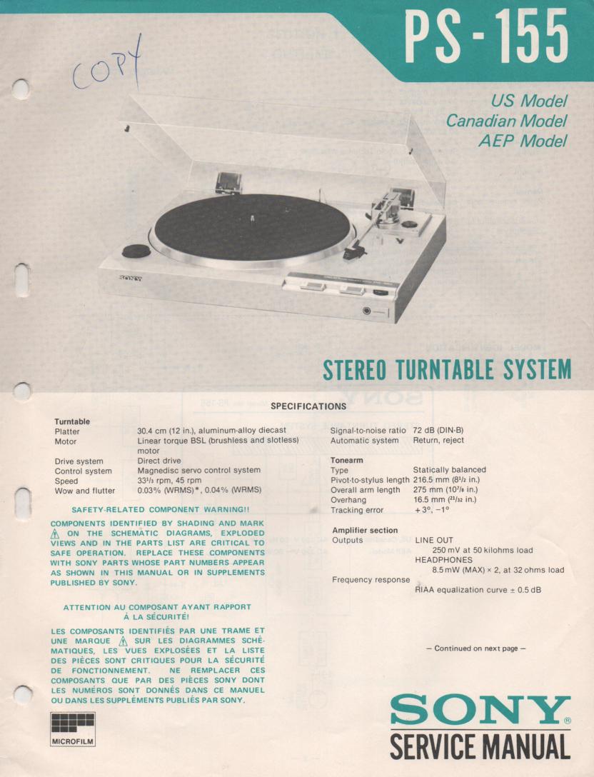 PS-155 Turntable Service Manual  Sony