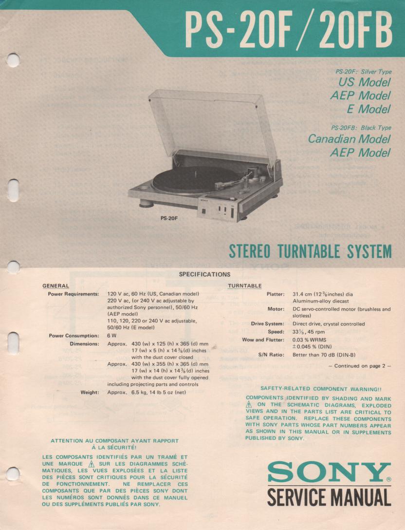 PS-20F PS-20FB Turntable Service Manual  Sony