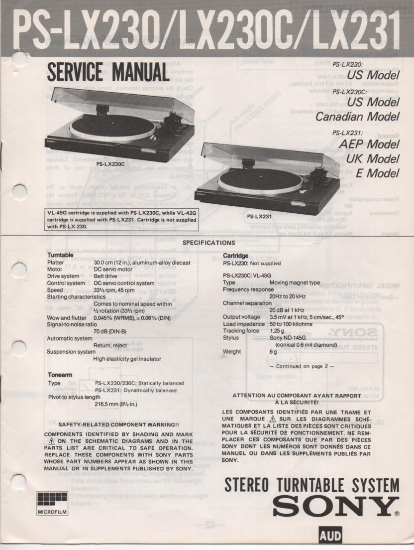 PS-LX230 PS-LX230C PS-LX231 Turntable Service Manual  Sony