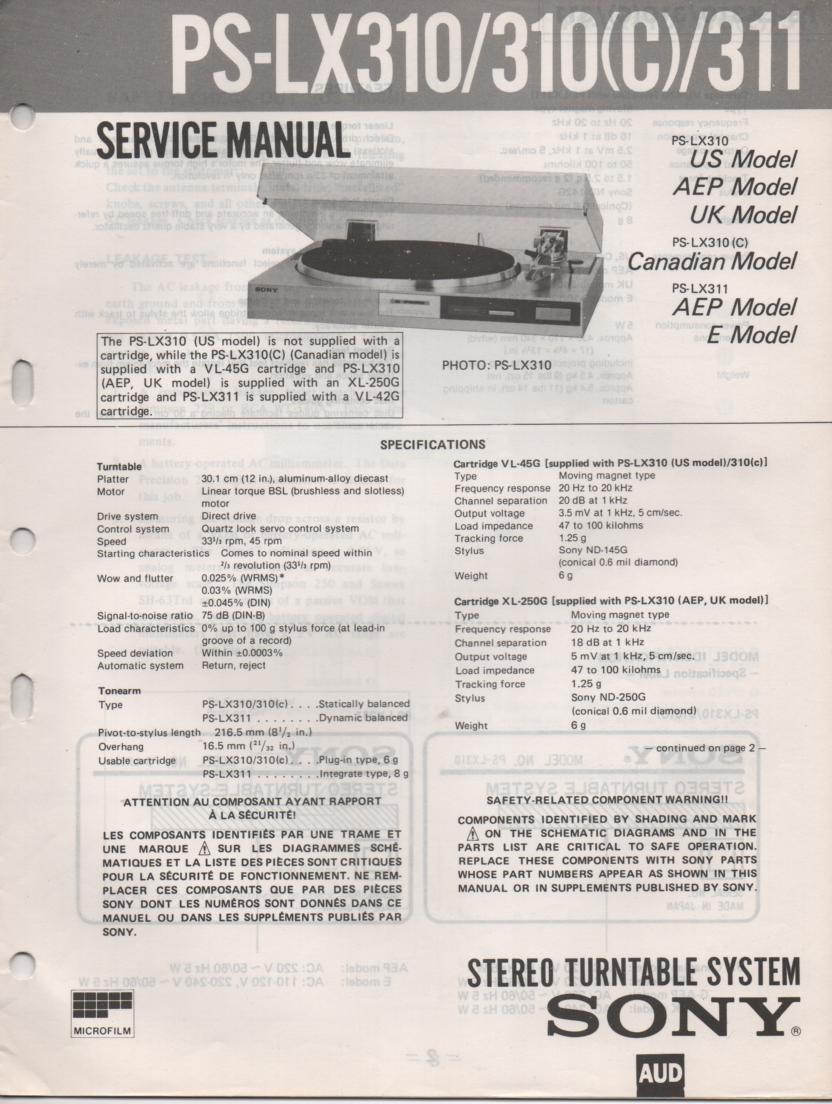 PS-LX310 PS-LX310C PS-LX311 Turntable Service Manual  Sony