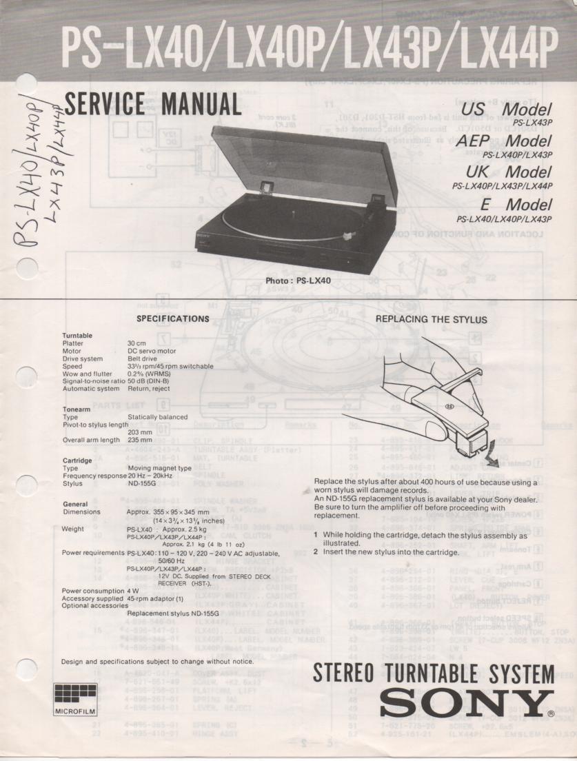 PS-LX40 PS-LX40O PS-LX43P PS-LX44P Turntable Service Manual  Sony