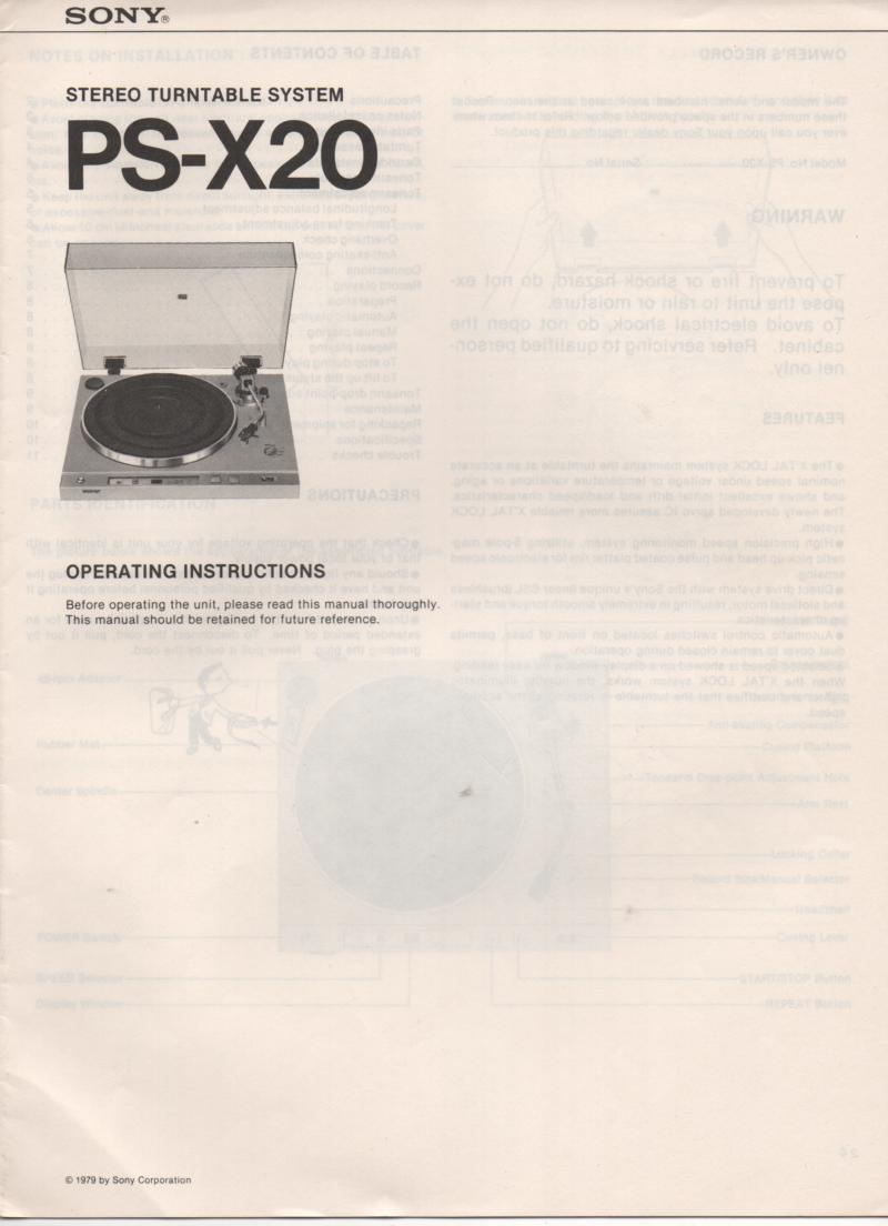 PS-X20 Turntable Operating Instruction Manual  Sony