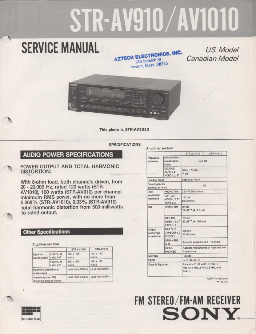 STR-AV910 STR-AV1010 Receiver Service Instruction Manual

