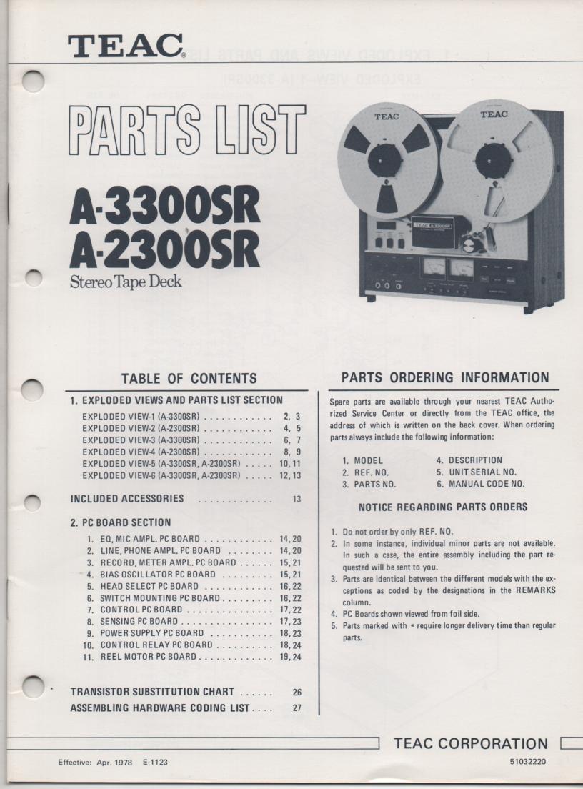 A-2300SR A-3300SR Reel to Reel Service Parts Manual Only
