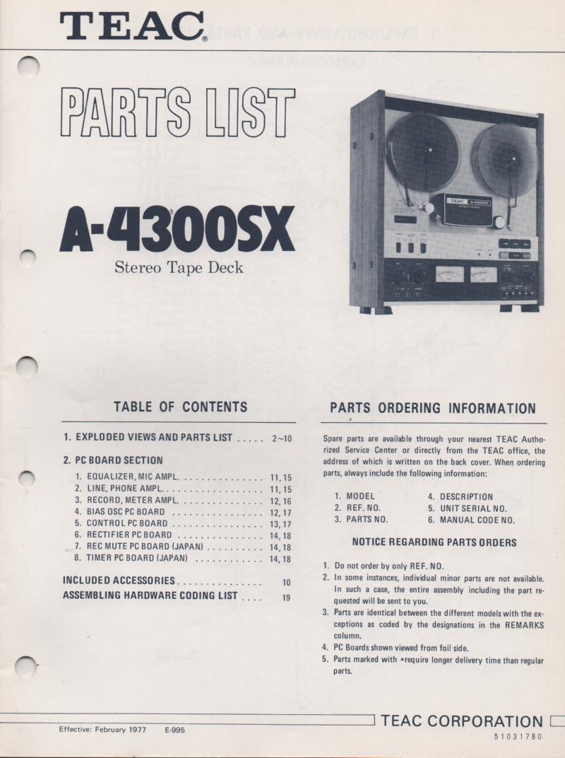 A-4300SX Reel to Reel Parts Service Manual Only