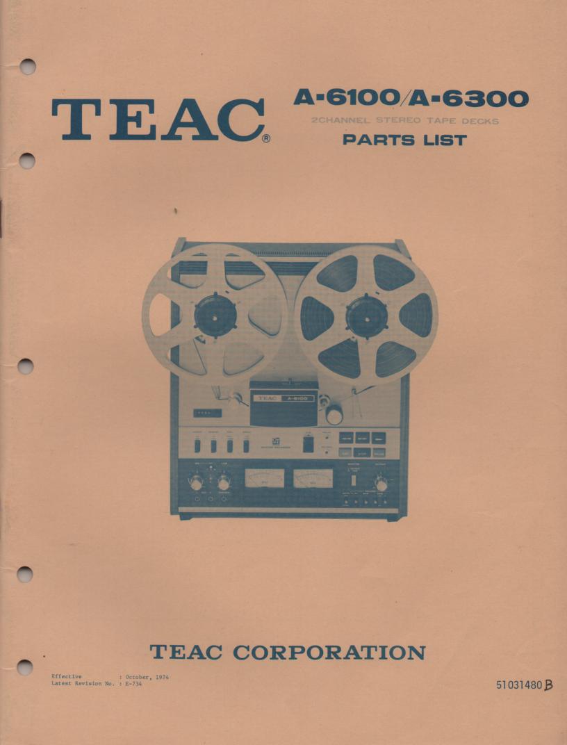 A-6100 A-6300 Reel to Reel Service Parts Manual Only  TEAC