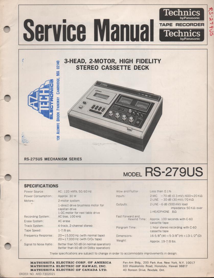 RS-279US Cassette Deck Service Instruction Manual
