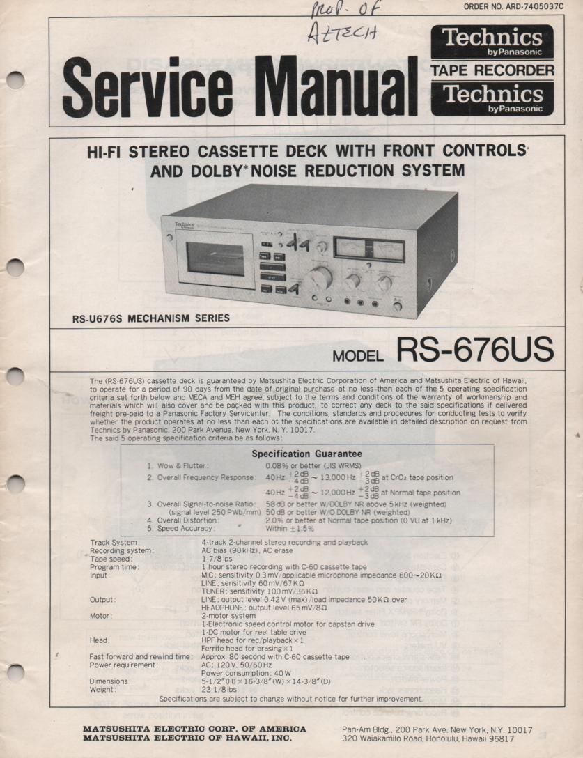 RS-676US Cassette Deck Service Instruction Manual.  2 manual set